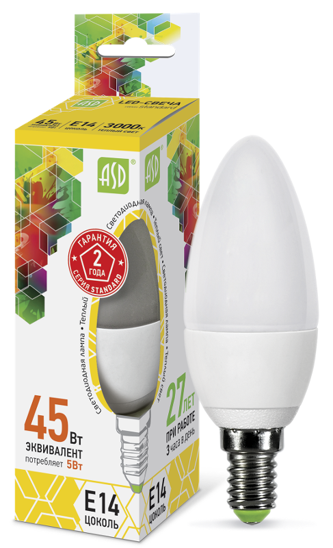 Лампа светодиодная LED-СВЕЧА-standard 5Вт 230В Е14 3000К 450Лм