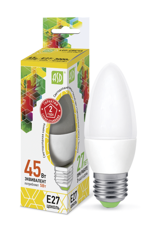 Лампа светодиодная LED-СВЕЧА-standard 5Вт 230В Е27 3000К 450Лм