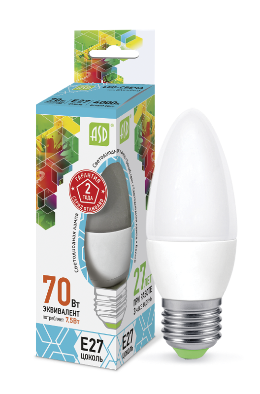 Лампа светодиодная LED-СВЕЧА-standard 7.5Вт 230В Е27 4000К 675Лм