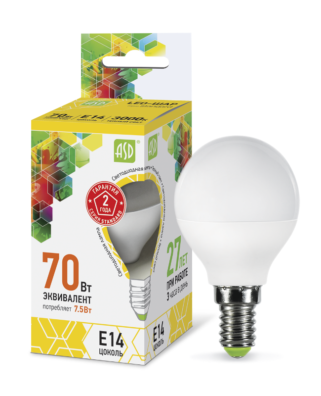 Лампа светодиодная LED-ШАР-standard 7.5Вт 230В Е14 3000К 675Лм