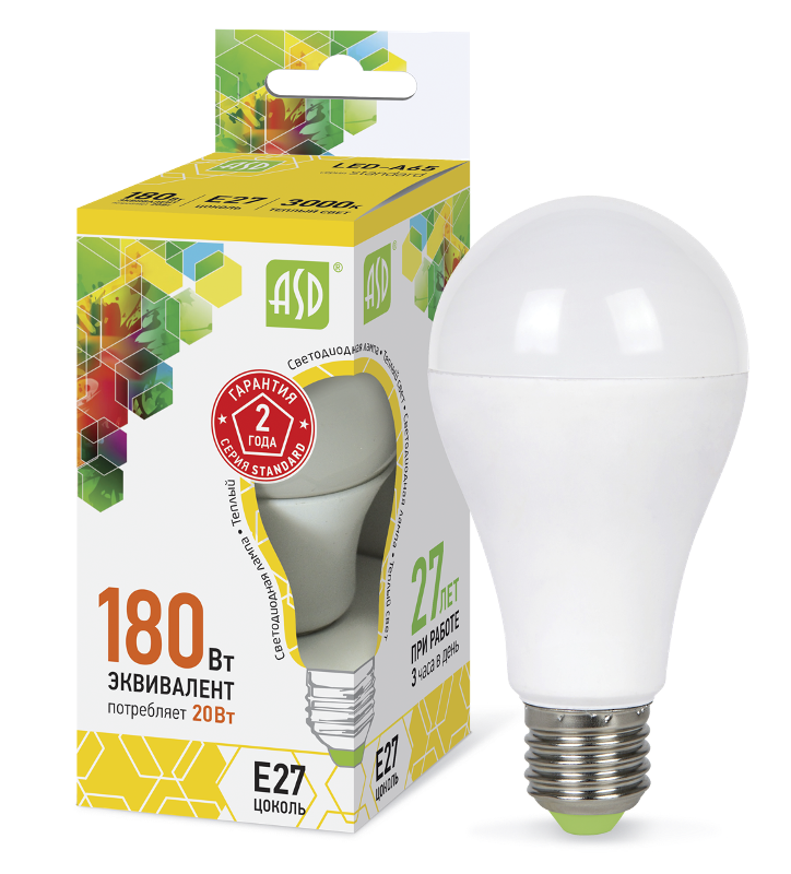 Лампа светодиодная LED-A60-standard 20Вт 230В Е27 3000К 1800Лм