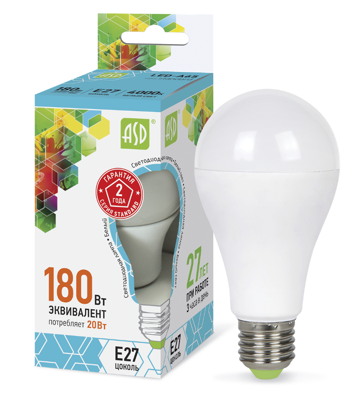 Лампа светодиодная LED-A60-standard 20Вт 230В Е27 4000К 1800Лм