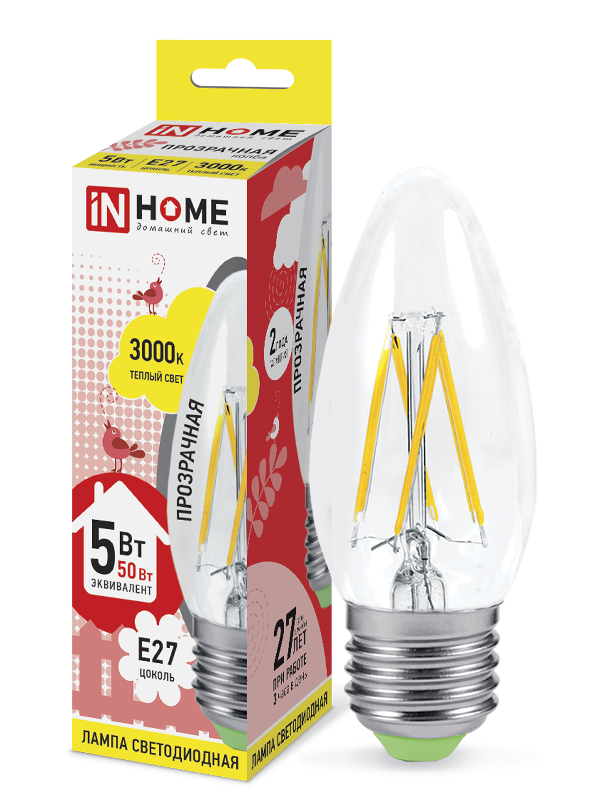 Лампа светодиодная LED-СВЕЧА-deco 5Вт 230В Е27 3000К 450Лм прозр