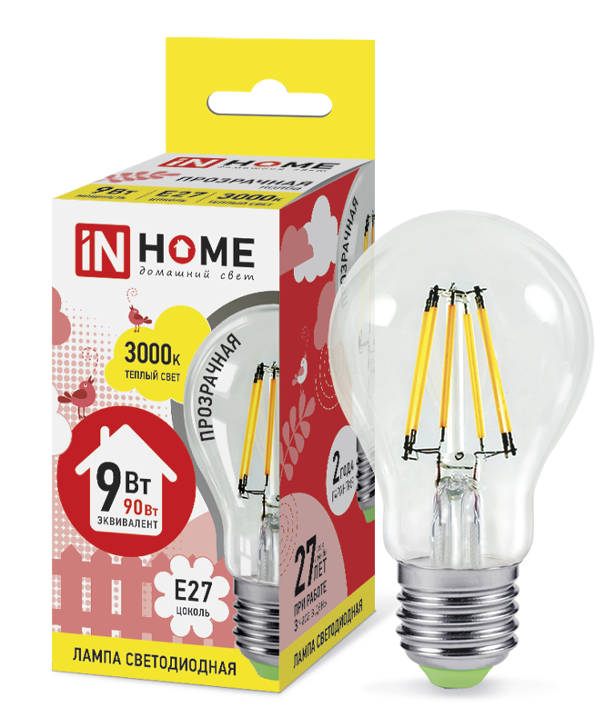 Лампа светодиодная LED-A60-deco 9Вт 230В Е27 3000К 810Лм прозр