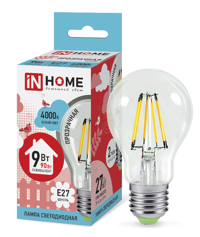 Лампа светодиодная LED-A60-deco 9Вт 230В Е27 4000К 810Лм прозр
