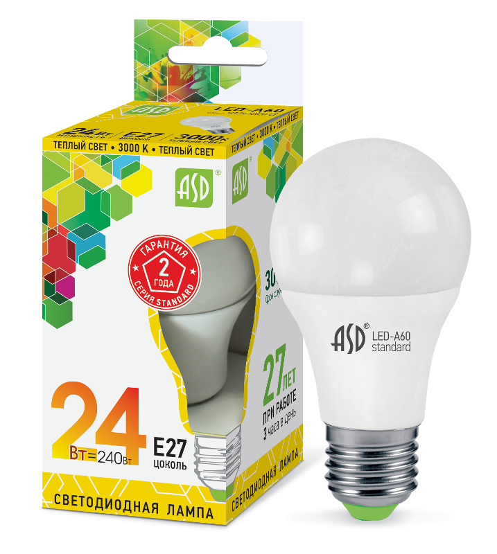 Лампа светодиодная LED-A65-standard 24Вт 230В Е27 3000К 2160Лм