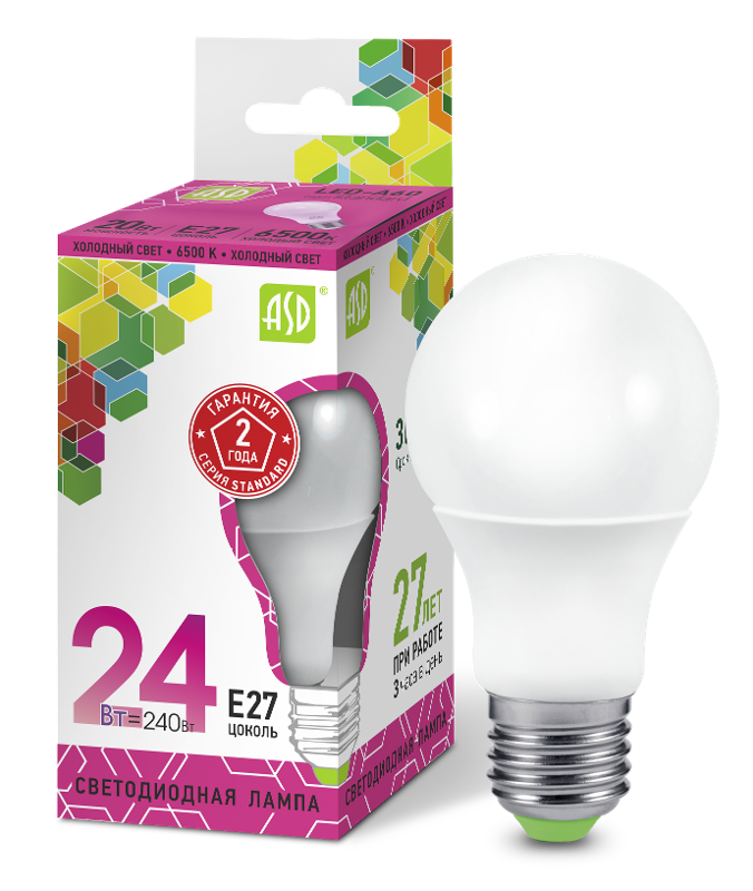 Лампа светодиодная LED-A65-standard 24Вт 230В Е27 6500К 2160Лм