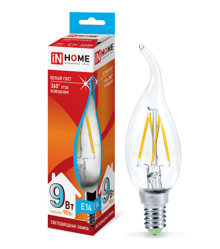Лампа светодиодная LED-СВЕЧА НА ВЕТРУ-deco 9Вт 230В Е14 4000К 810Лм прозр