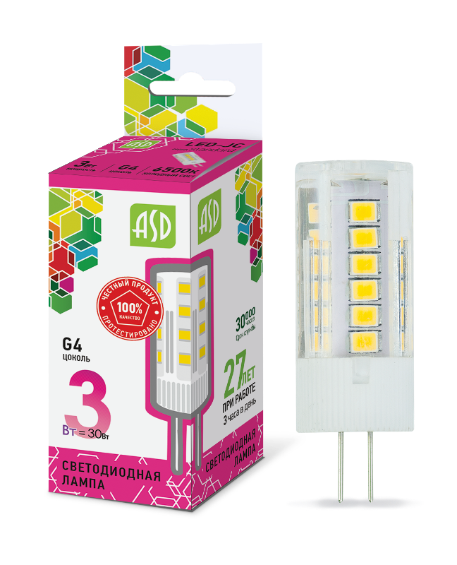 Лампа светодиодная LED-JC-standard 3Вт 12В G4 6500К 270Лм