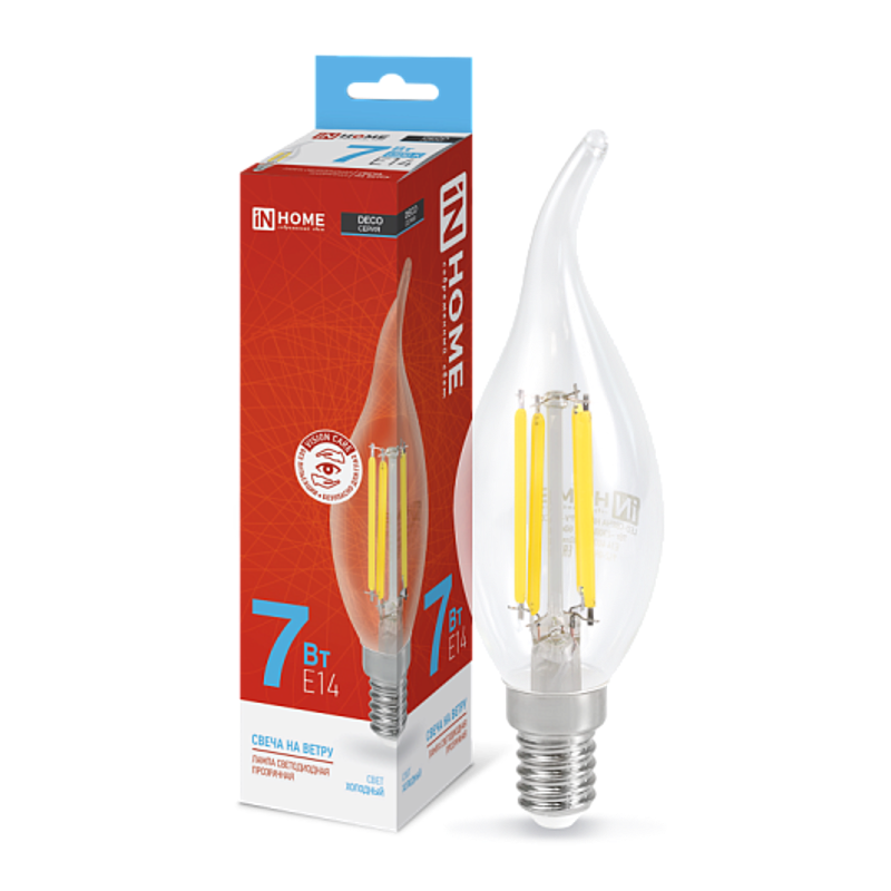 Лампа светодиодная LED-СВЕЧА НА ВЕТРУ-deco 7Вт 230В Е14 6500К 630Лм прозр