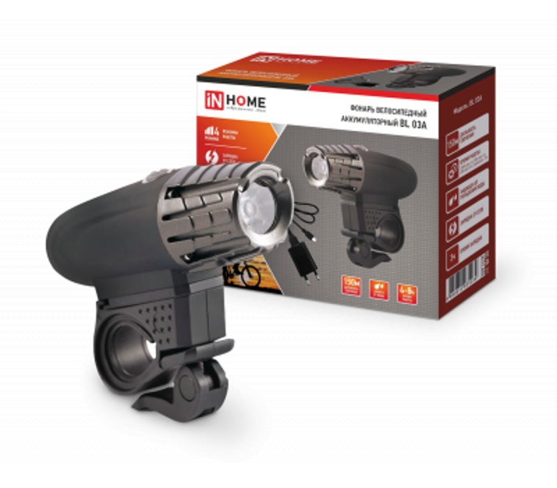 Фонарь велосипедный аккумуляторный BL 03А 3W LED 300Lm 4 режима с з/у 220В ЧЕРНЫЙ