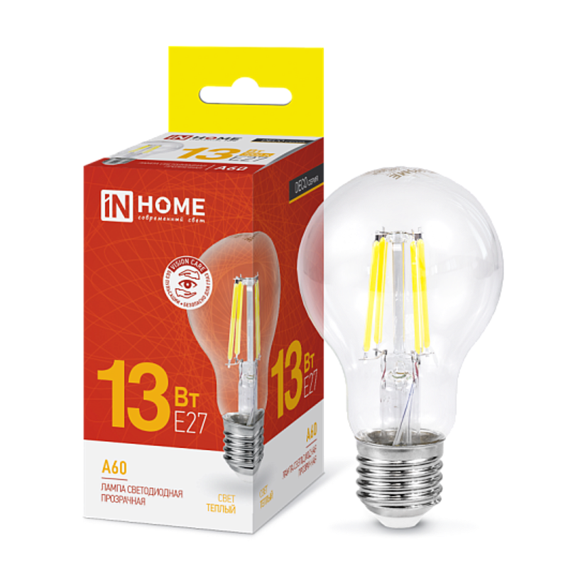 Лампа светодиодная LED-A60-deco 13Вт 230В Е27 3000К 1170Лм прозрачная