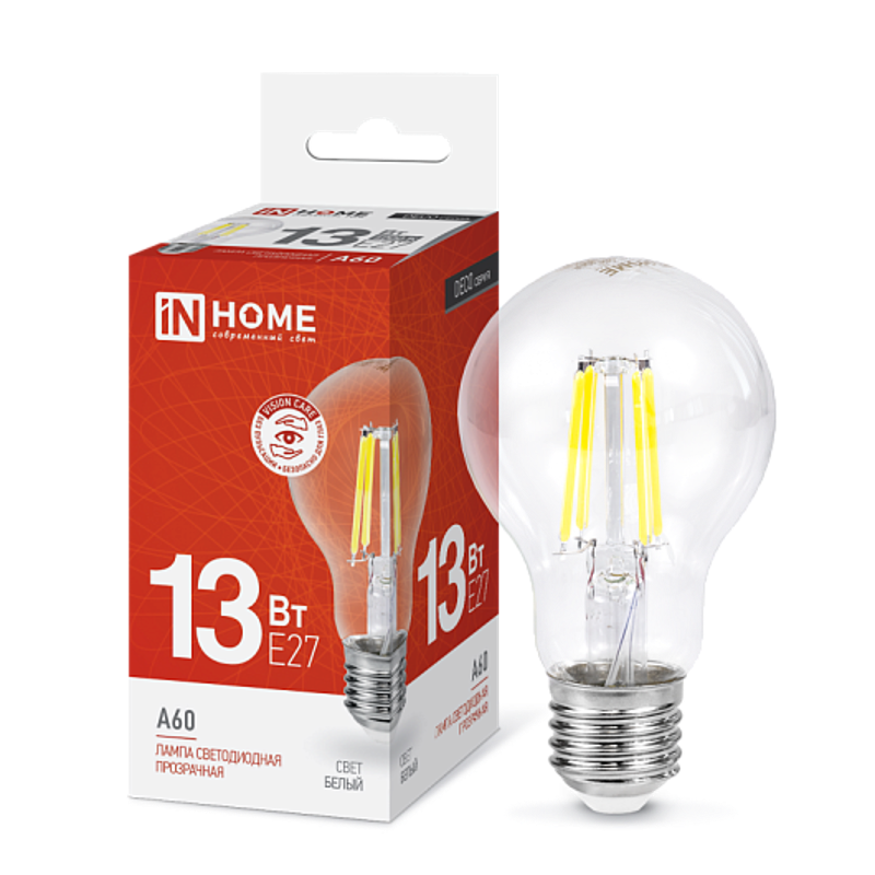 Лампа светодиодная LED-A60-deco 13Вт 230В Е27 4000К 1170Лм прозрачная