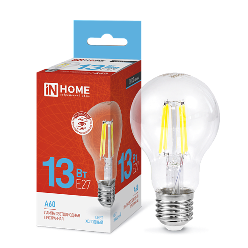 Лампа светодиодная LED-A60-deco 13Вт 230В Е27 6500К 1170Лм прозрачная
