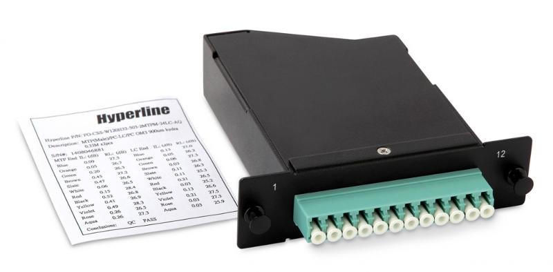 FO-CSS-W120H32-503-1MTPM-12LC-AQ Волоконно-оптическая кассета 1xMTP (папа), 120x32 мм, 12LC адаптеров (цвет aqua), 12 волокон, OM3