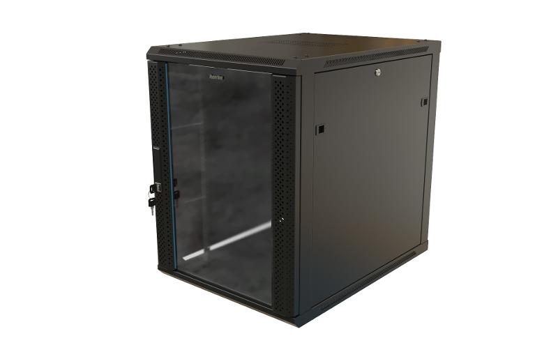 TWB-1868-GP-RAL9004 Шкаф настенный 19-дюймовый (19"), 18U, 908x600х800мм, стеклянная дверь с перфорацией по бокам, цвет черн.