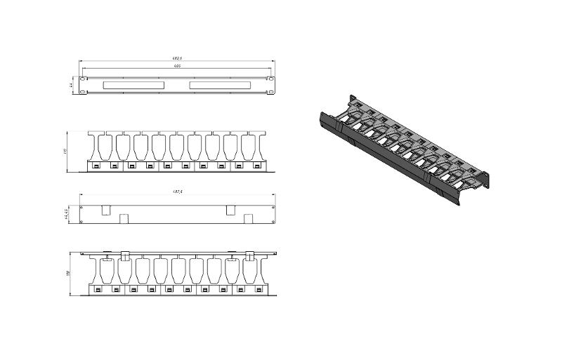 CMF-1U-FPL106-MCOV-RAL9005 Кабельный организатор с крышкой, глубина 106 мм, 19", 1U