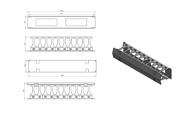 CMF-2U-FPL106-MCOV-RAL9005 Кабельный организатор с крышкой, глубина 106 мм, 19", 2U