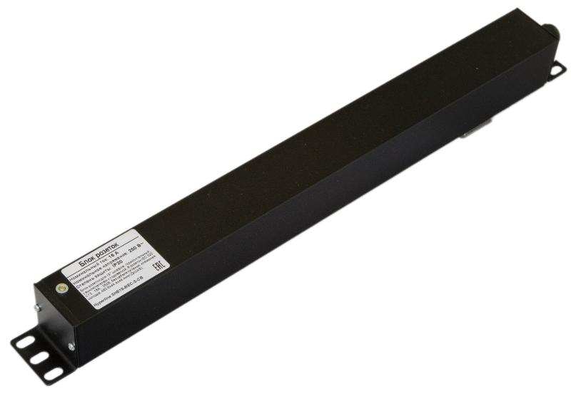 SHE19-8IEC-S-CB Блок розеток для 19" шкафов, горизонтальный, 8 розеток IEC320 C13, выключатель в подсветкой,  482.6x44.4x44.4мм