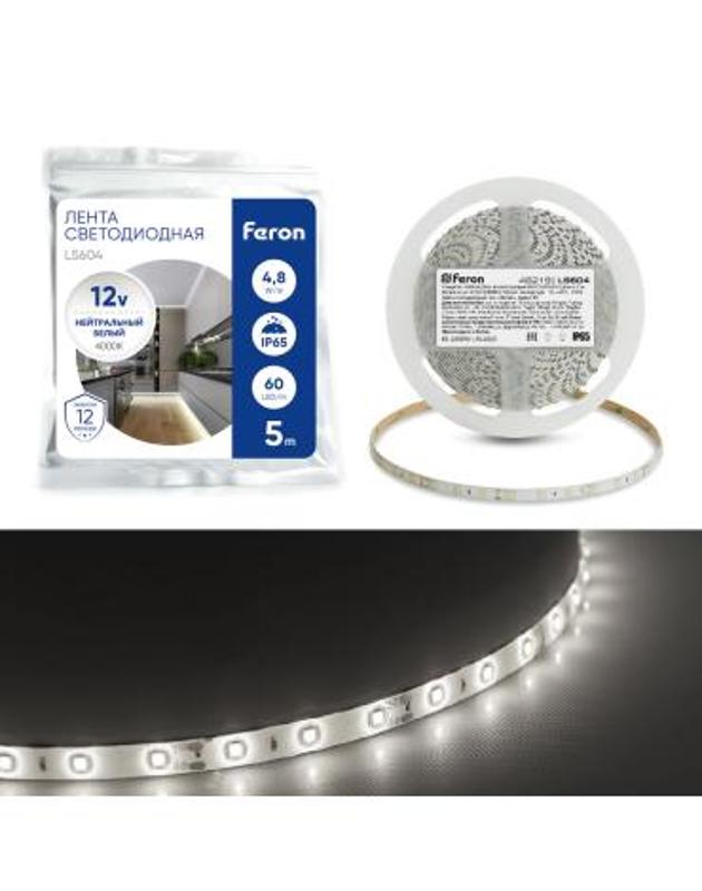 Лента светодиодная, 60SMD(2835)/m 4.8W/m 12V IP65 5m, 4000К, LS604 FERON