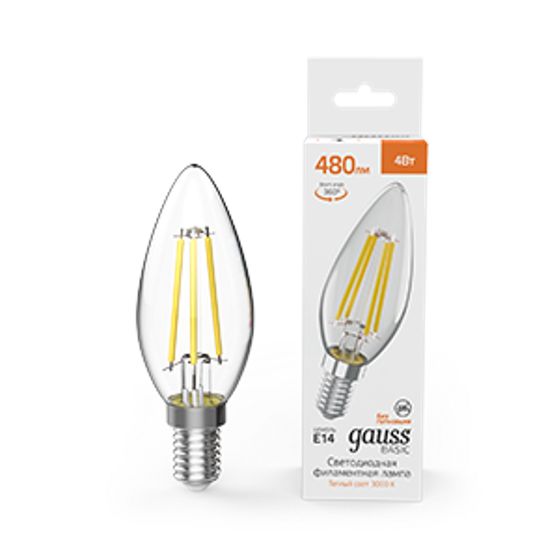 Лампа светодиодная   Basic Filament Свеча 4W 480lm 3000K E14 LED 1/10/50