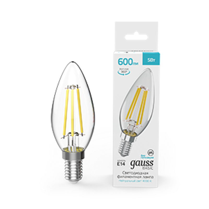 Лампа светодиодная   Basic Filament Свеча 5W 600lm 4000K E14 LED 1/10/50