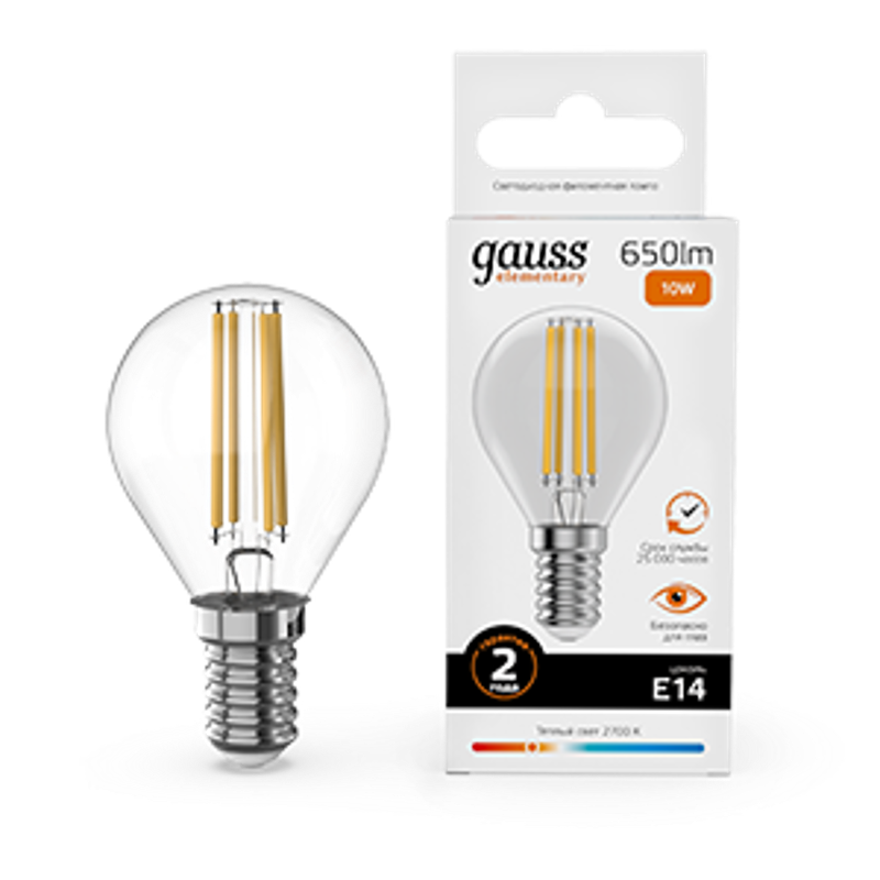 Лампа светодиодная   Filament Elementary Шар 10W 650lm 2700К Е14 LED 1/10/100