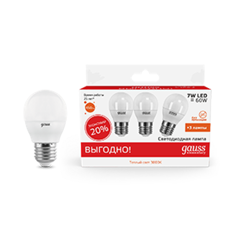 Лампа светодиодная LED 7Вт E27 220В 2700К Elementary шар (3 лампы в упаковке)