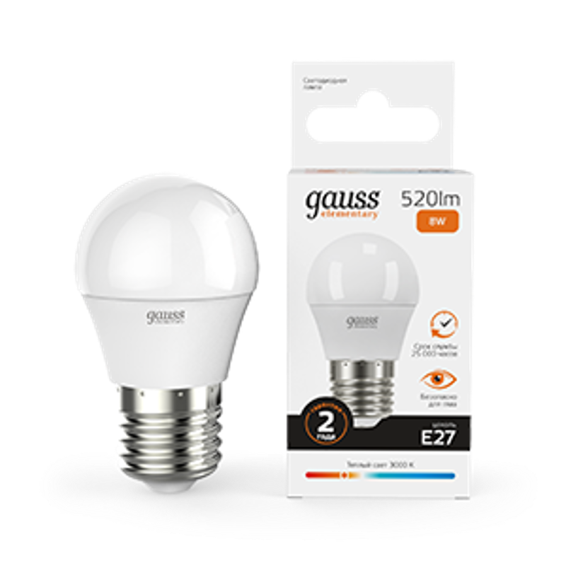 Лампа светодиодная LED 8Вт E27 220В 2700К Elementary шар