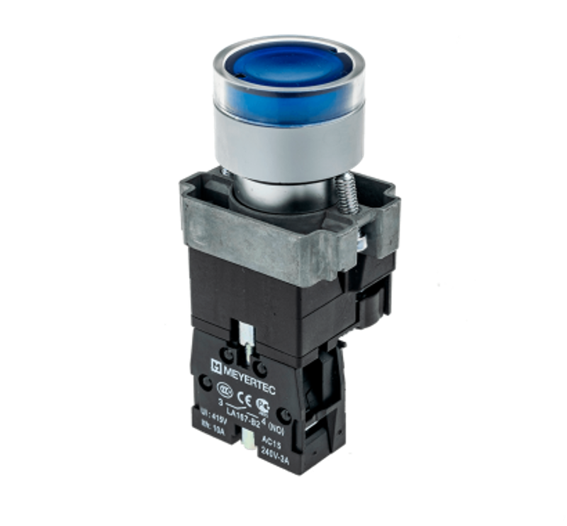 Кнопка с LED подсветкой, синяя, 220V AC/DC, 1NO, мет. MTB2-BW3663