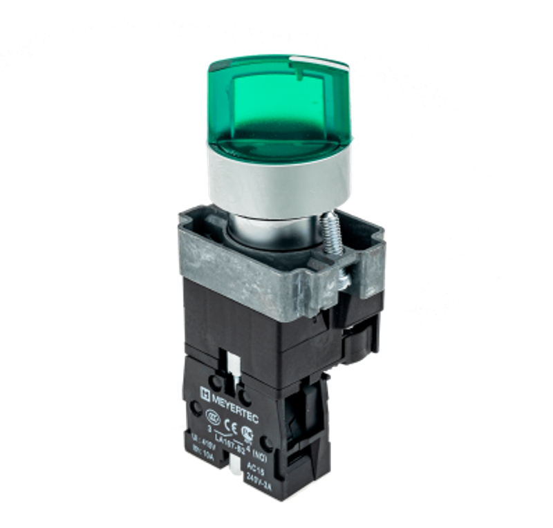 Переключатель с LED подсветкой, 220V AC/DC, зеленый, 2 полож. 1NO, фикс., мет. MTB2-BK2363