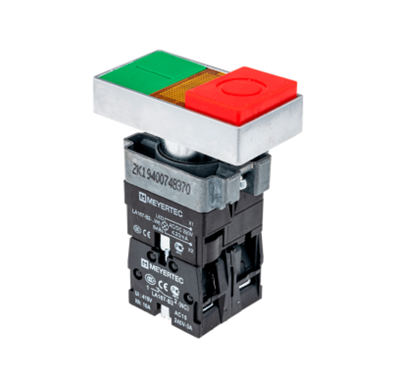Кнопка двойная с LED подсветкой, 24V AC/DC, красный/зеленый,1NO+1NC, выступающий толкатель, мет. MTB2-BW8461