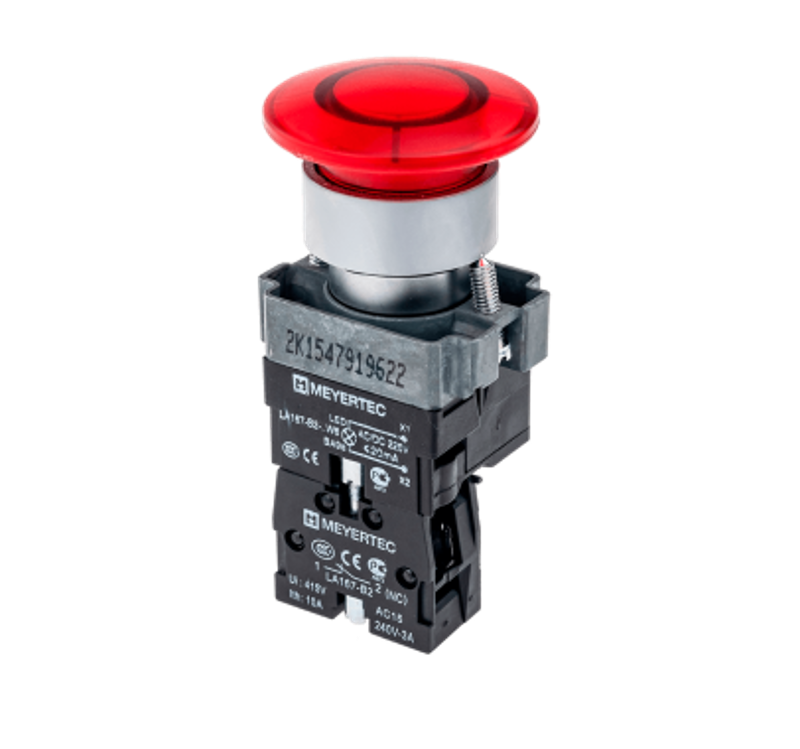 Кнопка грибовидная с LED подсветкой без фиксации, 220V AC/DC, 1NC, красный, 40 мм, мет. MTB2-BW4634