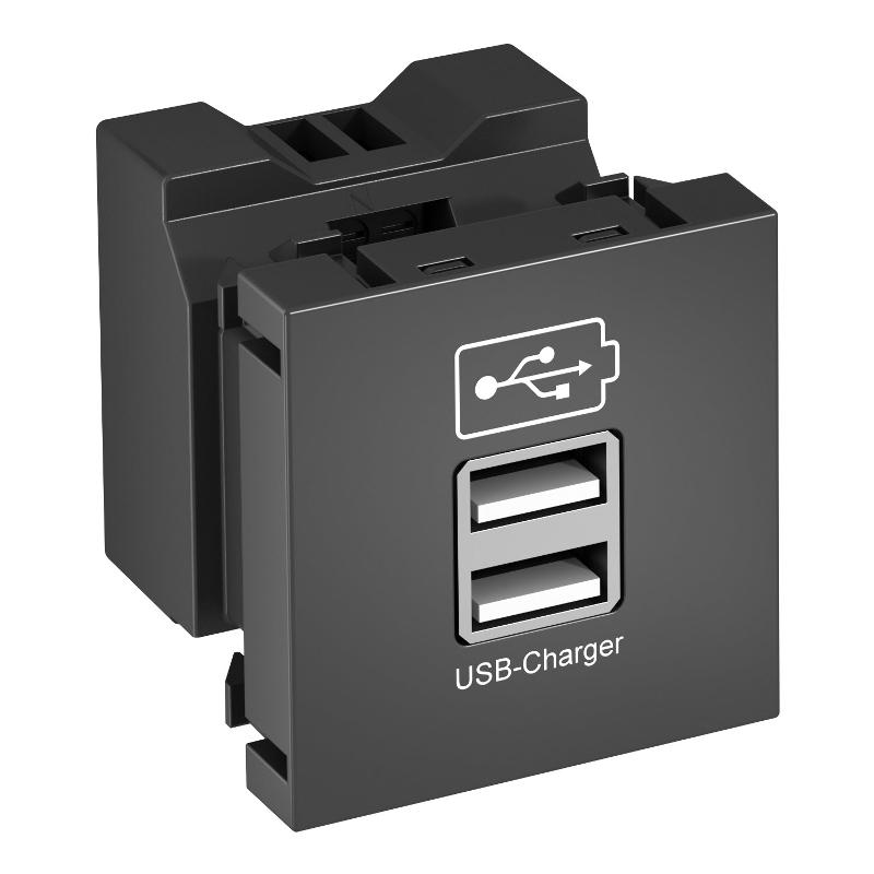 Розетка USB тип А двойная (2х0,6А или 1х1,2А) 1 модуль Modul45, 45х45 мм, черная