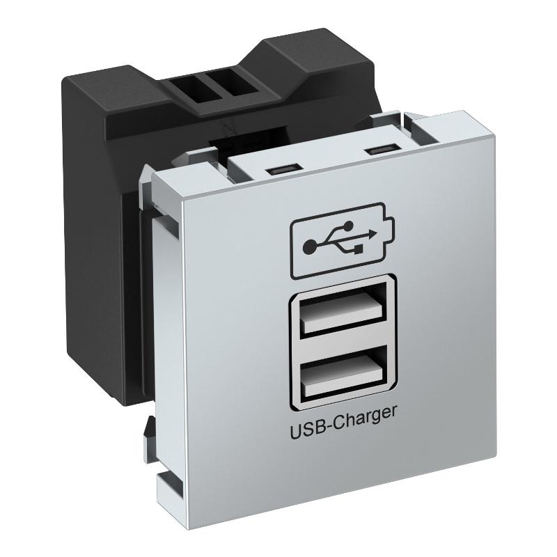 Розетка USB тип А двойная (2х0,6А или 1х1,2А) 1 модуль Modul45, 45х45мм, алюминиевый лак
