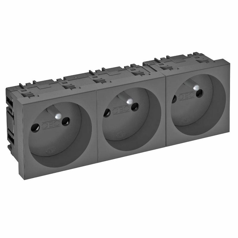 Розетка тройная 0° франц. стандарт, 250 В, 16A (черный) (STD-F0 SWGR3)