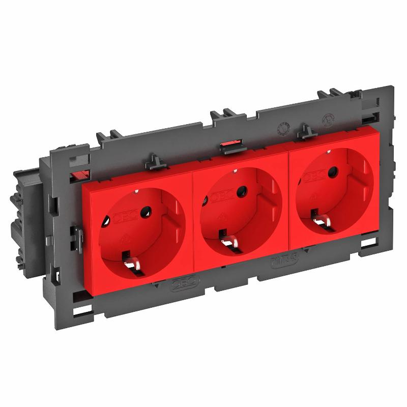 Розетка тройная 0° Modul45connect с з/к, 250 В, 16A (красный) (STD-D0C8 SRO3)