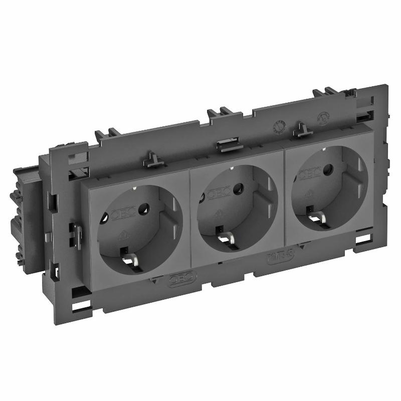 Розетка тройная 0° Modul45connect с з/к, 250 В, 16A (черный) (STD-D0C8 SWGR3)