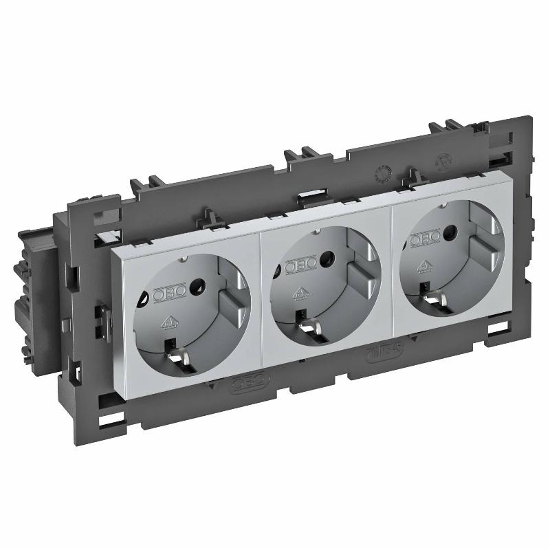 Розетка тройная 0° Modul45connect с з/к, 250 В, 16A (алюминий) (STD-D0C8 AL3)