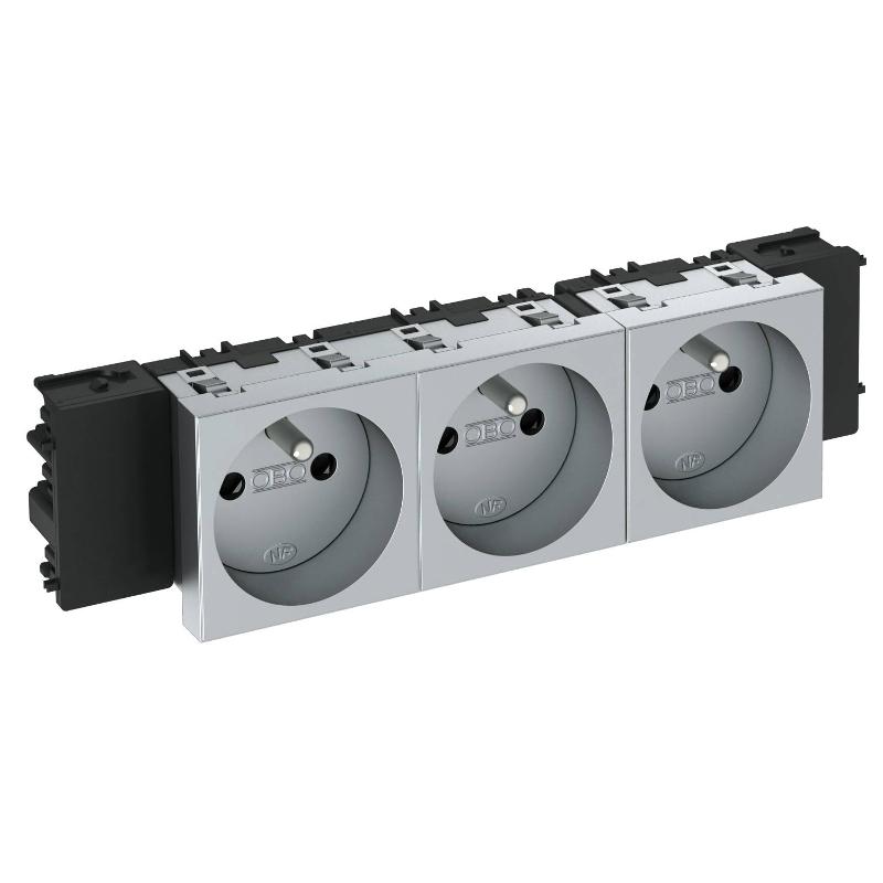 Розетка тройная 0° Modul45connect франц. стандарт, 250 В, 16A (серебристый) (STD-F0C AL3)