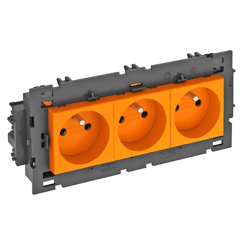 Розетка тройная 0° Modul45connect франц. стандарт, 250 В, 16A (оранжевый) (STD-F0C8 ROR3)