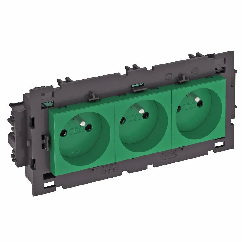 Розетка тройная 0° Modul45connect франц. стандарт, 250 В, 16A (зеленый) (STD-F0C8 MZGN3)