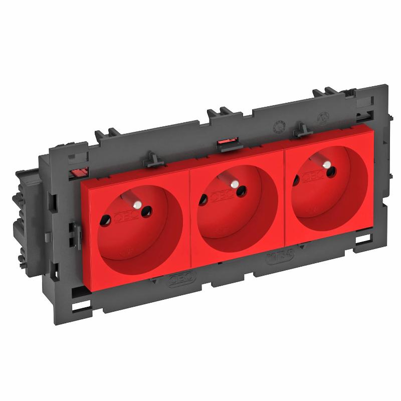 Розетка тройная 0° Modul45connect франц. стандарт, 250 В, 16A (красный) (STD-F0C8 SRO3)