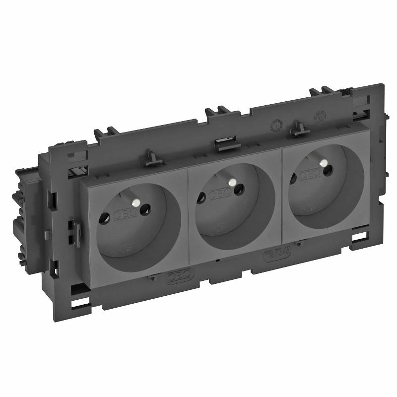 Розетка тройная 0° Modul45connect франц. стандарт, 250 В, 16A (черный) (STD-F0C8 SWGR3)