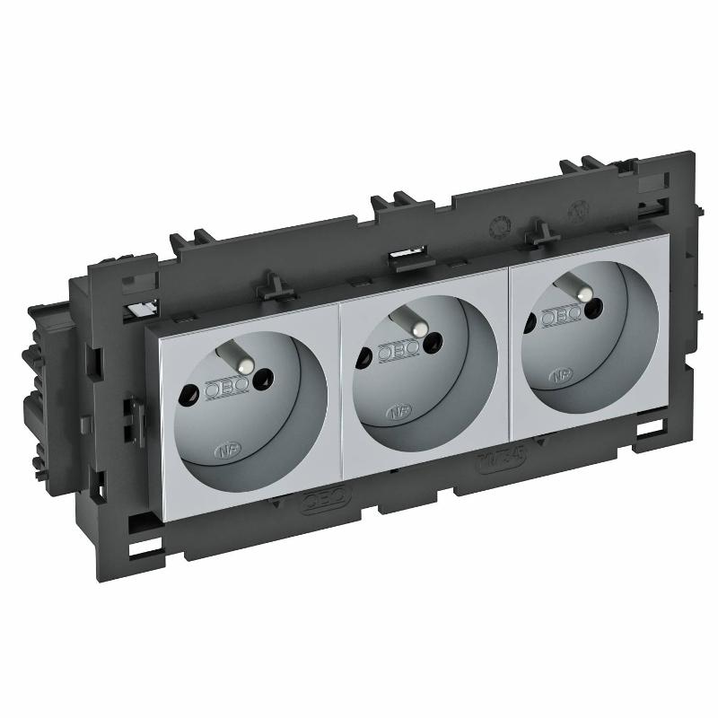 Розетка тройная 0° Modul45connect франц. стандарт, 250 В, 16A (серебристый) (STD-F0C8 AL3)