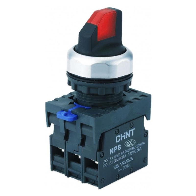 Переключатель с подсветкой NP8-10XD/214, 2 полож. фикс., красн., AC110-230В(LED), 1НО+1НЗ, IP65 (R)