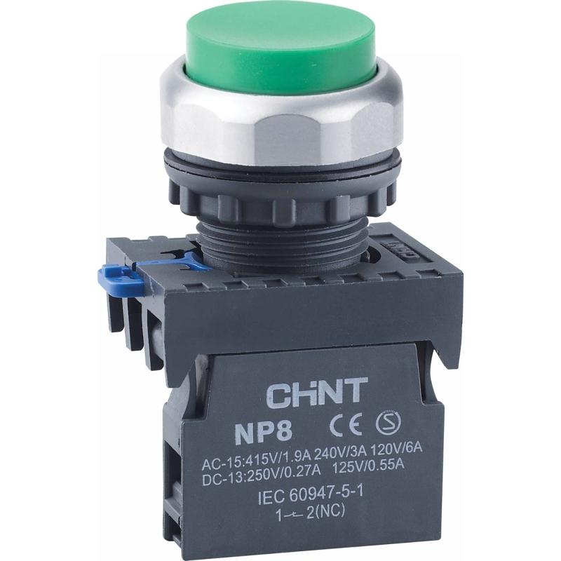 Кнопка управления выступ., NP8-10GND/3 подсвет., самовозв., зелен., AC110-230В(LED), 1НО, IP65 (R)