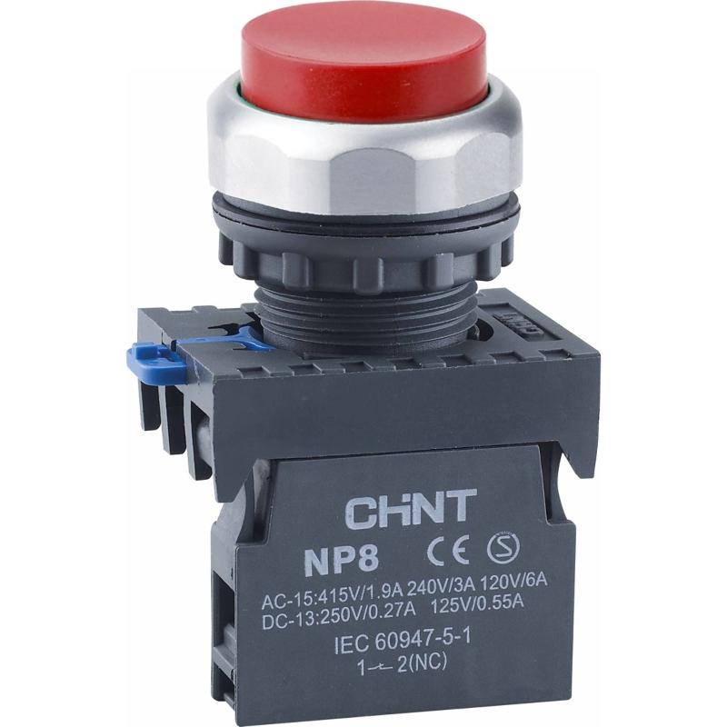 Кнопка управления выступ., NP8-20GND/4 подсвет., самовозв., красн., AC110В-220В(LED), 2НО, IP65 (R)