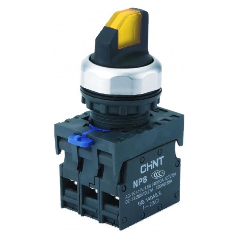 Переключатель с подсветкой NP8-20XD/316, 3 полож. фикс., желт., AC110-230В(LED), 2НО, IP65 (R)