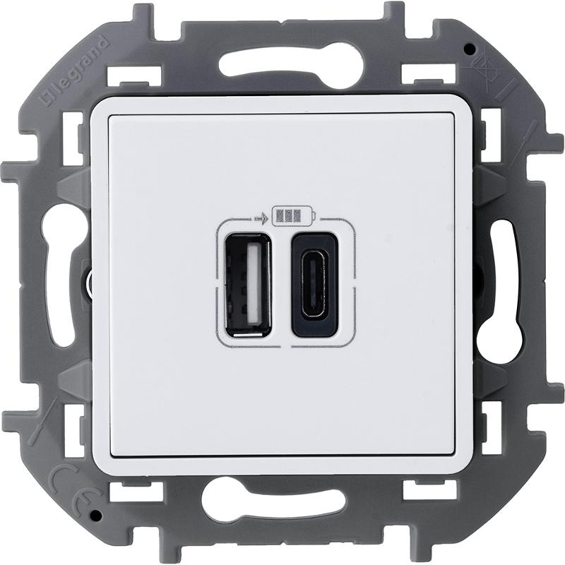 Inspiria Белый Устройство зарядное 2 местное с USB-разьемами A-C 240В/5В 3000мА С/У без рамки
